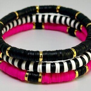 3pc pink white black gold clay bead bracelet